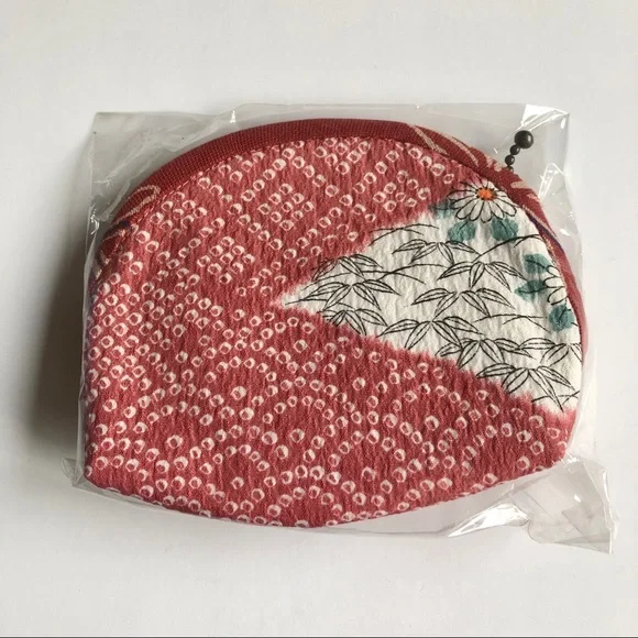 NEW Japanese Coin Purse Pouch Bag Floral Bamboo Print Handmade Small NWOT - Picture 1 of 12